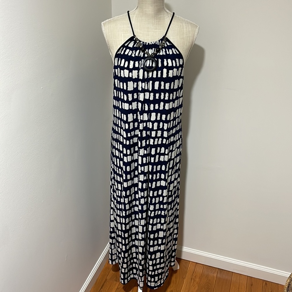 Diamond Tea Blue & White Halter Maxi Dress Size M